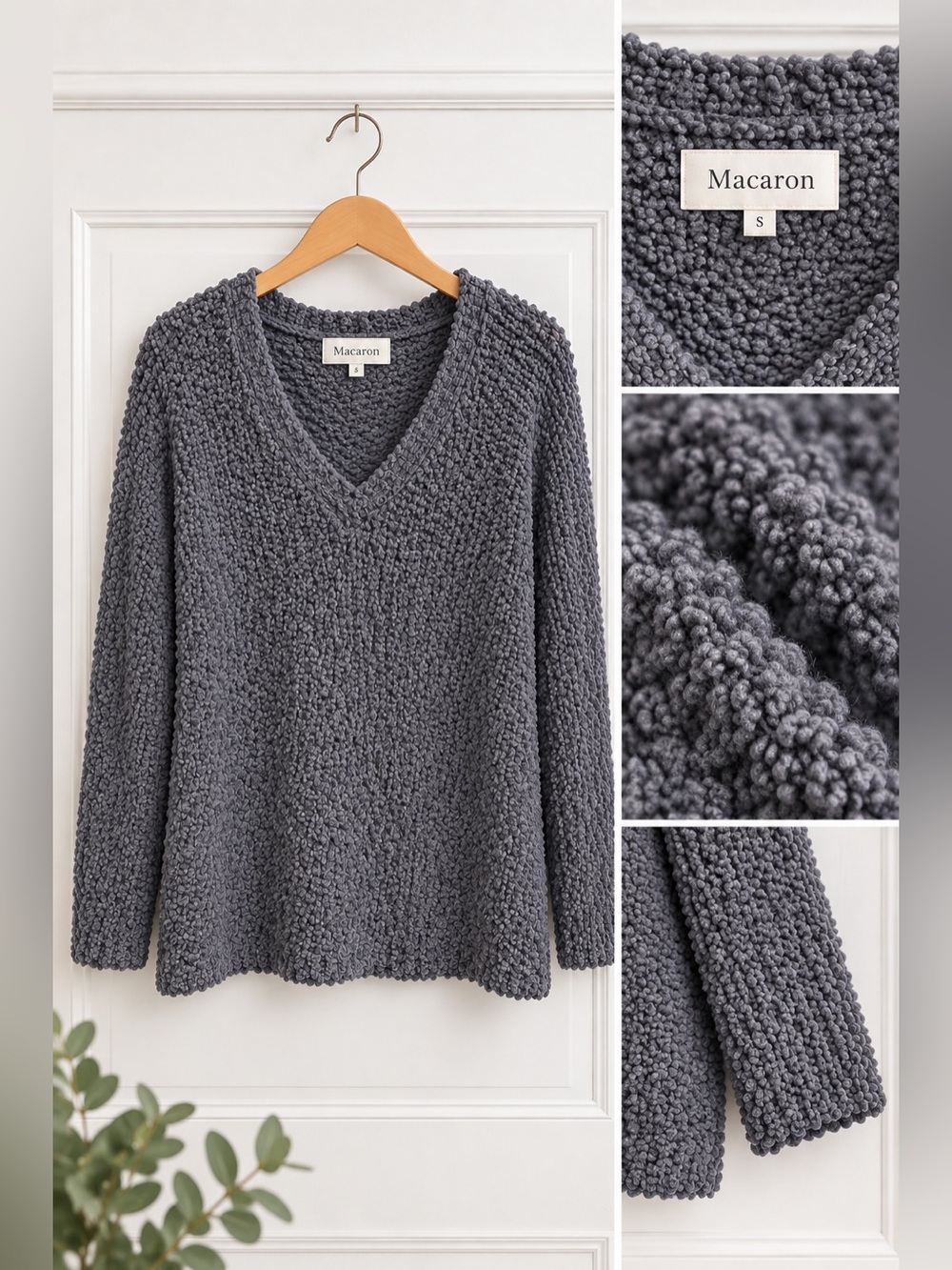 MACARON Women's Textured V-Neck Popcorn Sweater in Gray